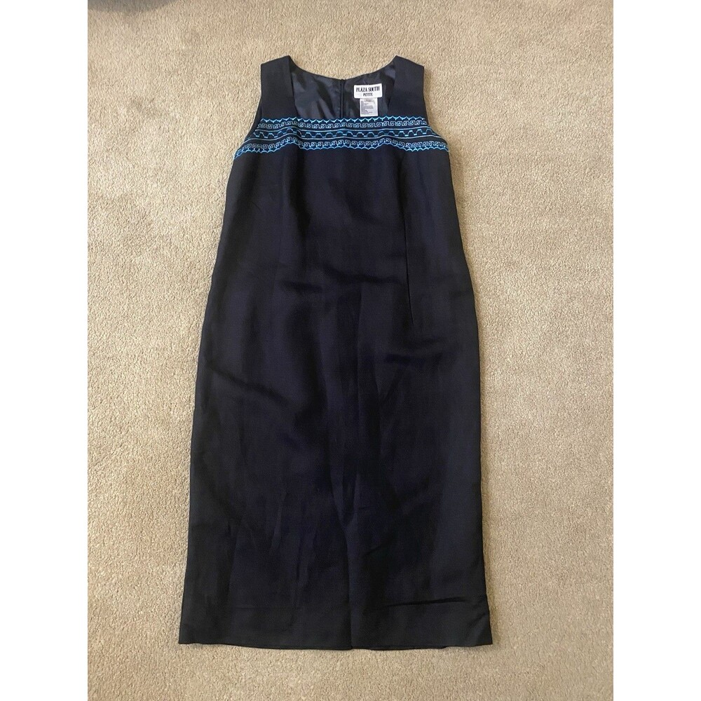 Vintage 90s Plaza South Embroidered Linen Sheath Dress Black Turquoise Size 14P